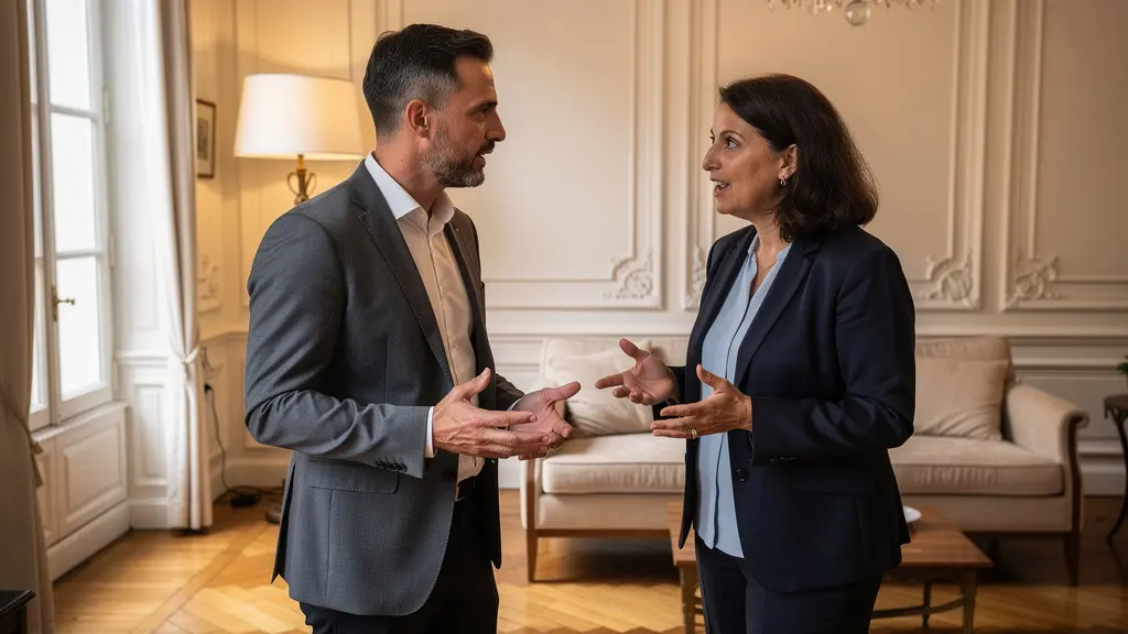 Agent immobilier et propriétaire discutant dans un appartement parisien lors d'une estimation