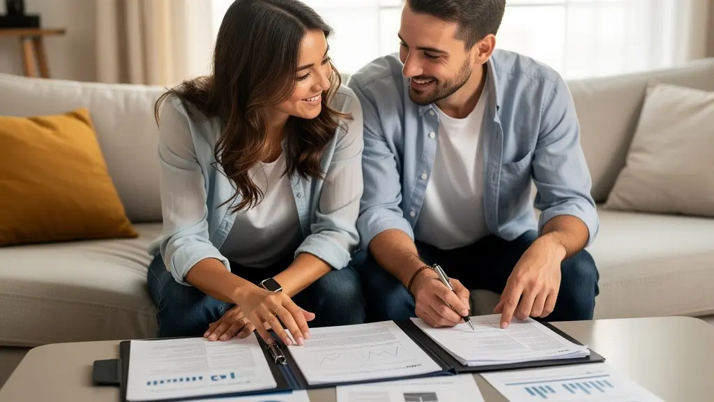 Couple préparant leur dossier de location avec documents organisés sur table de salon
