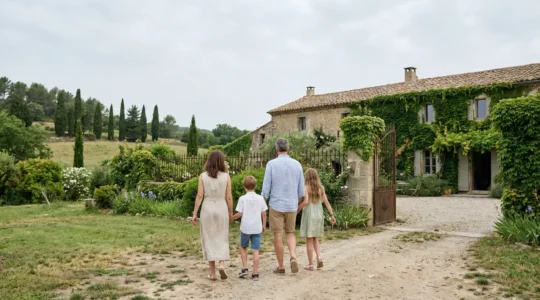Famille française arrivant devant une maison avec jardin à Carcassonne pour visite location