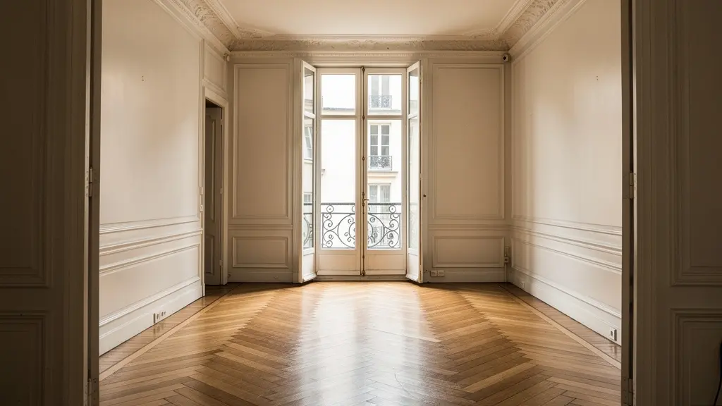 Intérieur d'un appartement parisien ancien avec parquet chevron et moulures au plafond
