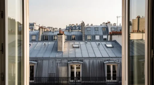Vue sur les toits parisiens depuis un appartement du 2e arrondissement avec immeubles haussmanniens