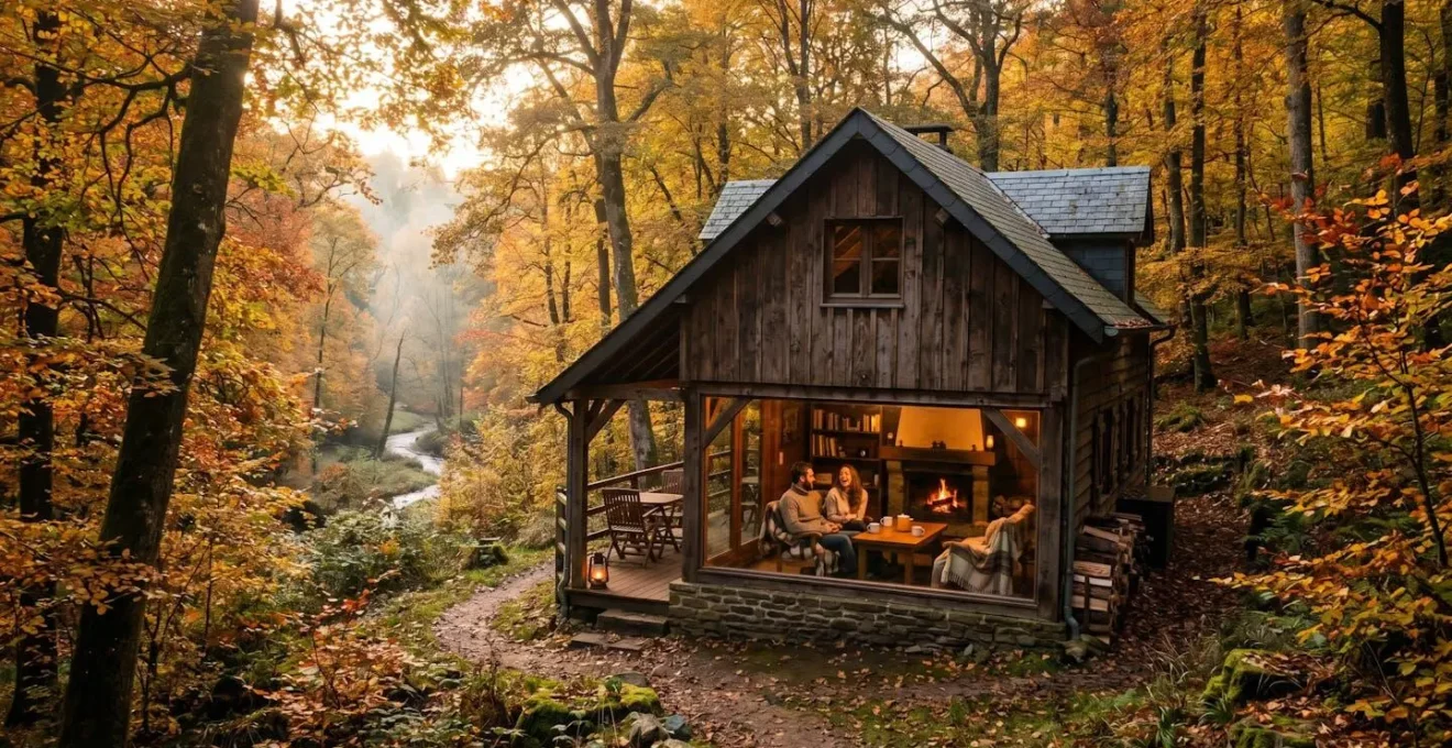 Chalet en bois dans une forêt ardennaise en automne, lumière dorée filtrant entre les arbres
