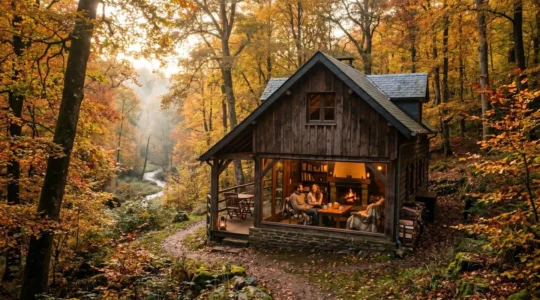 Chalet en bois dans une forêt ardennaise en automne, lumière dorée filtrant entre les arbres