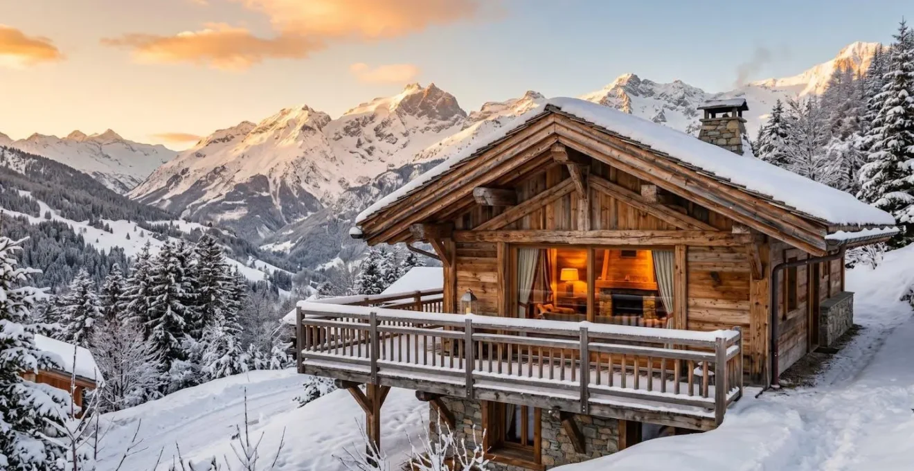 Chalet en bois avec balcon enneigé et vue sur les montagnes du Champsaur en hiver, intérieur lumineux visible
