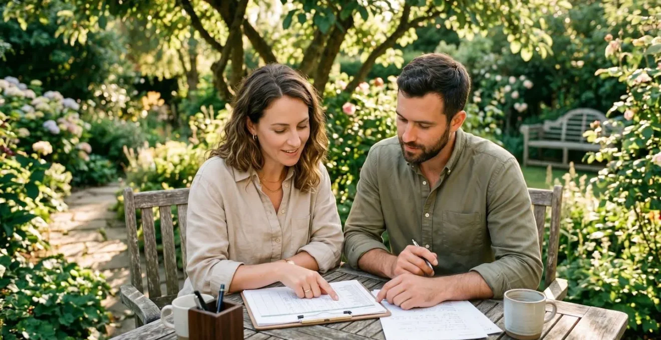 Couple avec documents de projet immobilier dans un jardin verdoyant, lumière naturelle, ambiance sereine et déterminée