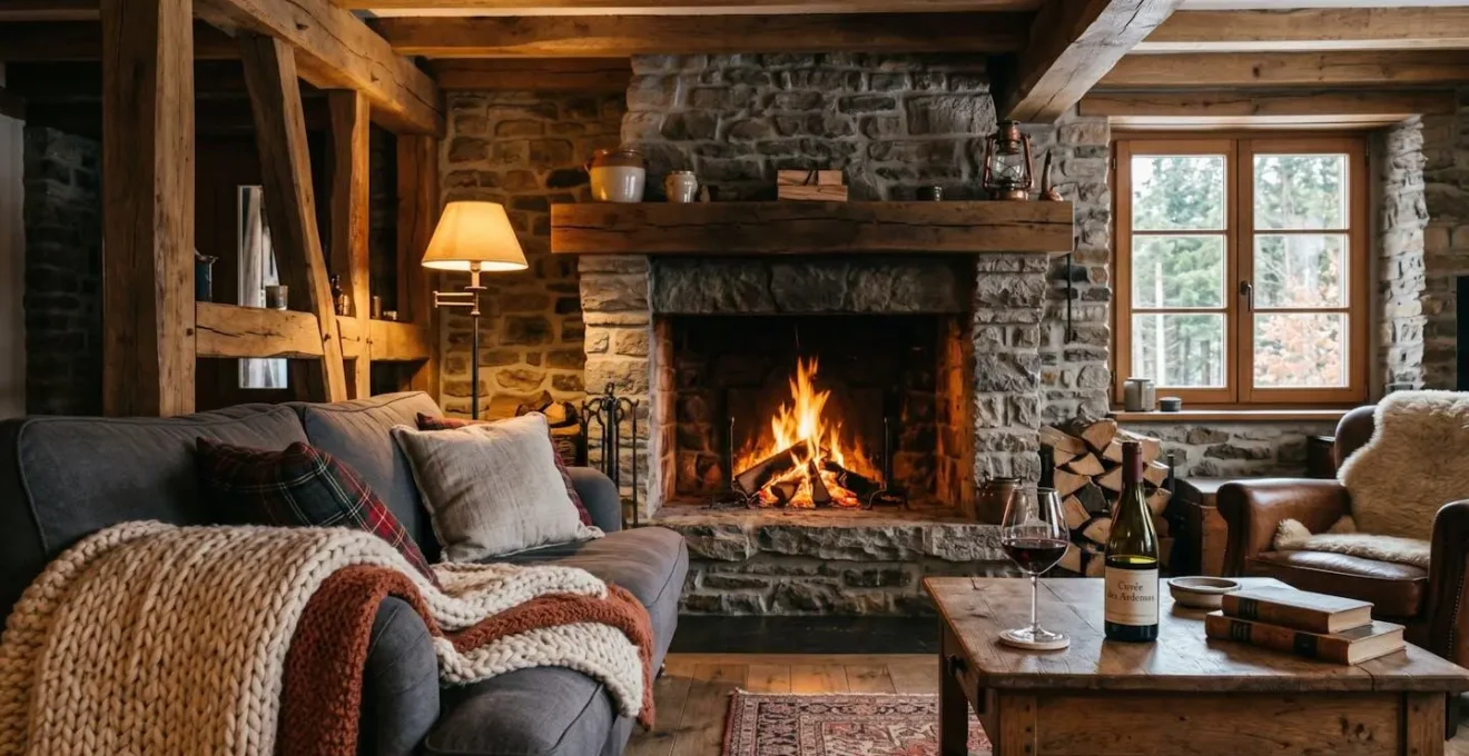 Intérieur d'un chalet ardennais avec cheminée en pierre, poutres apparentes et canapé devant un feu de bois