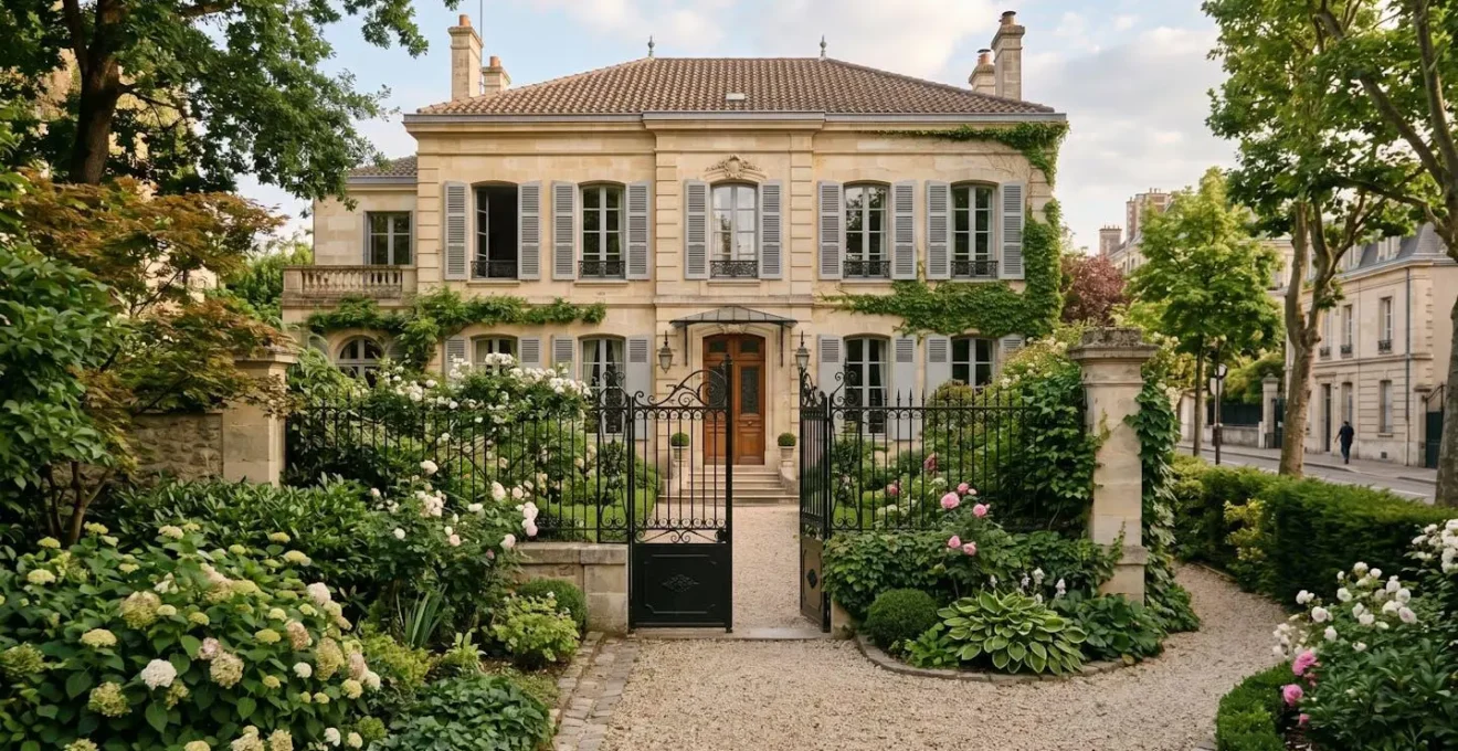 Façade d'une maison bourgeoise avec jardin arboré à Saint-Germain-en-Laye, portail en fer forgé et volets en bois peint en gris clair