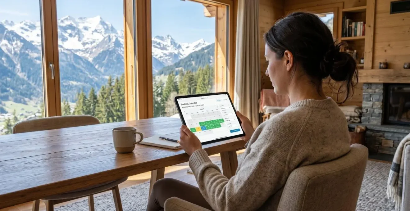 Propriétaire consultant son calendrier de réservations sur tablette avec vue montagne en arrière-plan, gestion locative à distance
