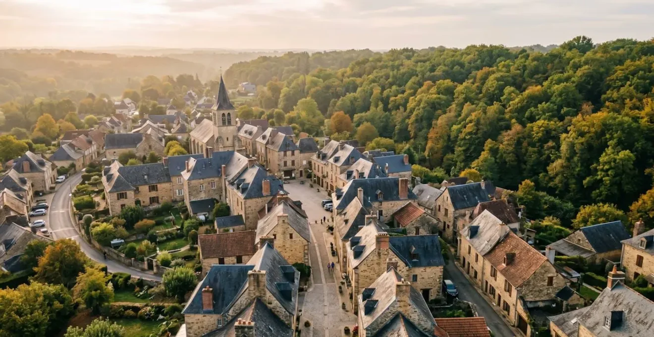 Vue aérienne du tissu résidentiel de Saint-Germain-en-Laye bordé par la forêt domaniale, maisons en pierre et toits en ardoise sous ciel lumineux