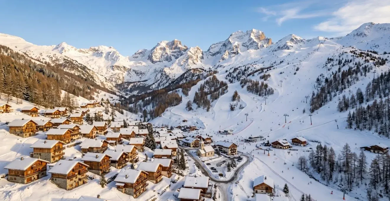 Vue panoramique de la station de Saint-Michel-de-Chaillol avec ses pistes enneigées et chalets en premier plan, Hautes-Alpes