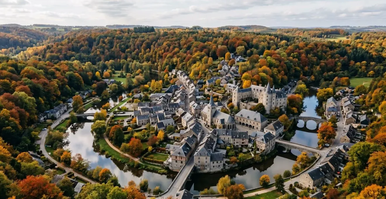 Vue aérienne du village de Durbuy en automne, rivière Ourthe en contrebas, toits ardoisés et forêt environnante