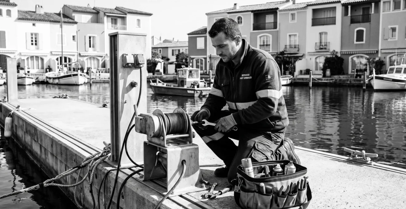 Agent d'entretien vérifiant les équipements d'un ponton à Port Grimaud, illustrant la gestion spécifique de la copropriété lacustre