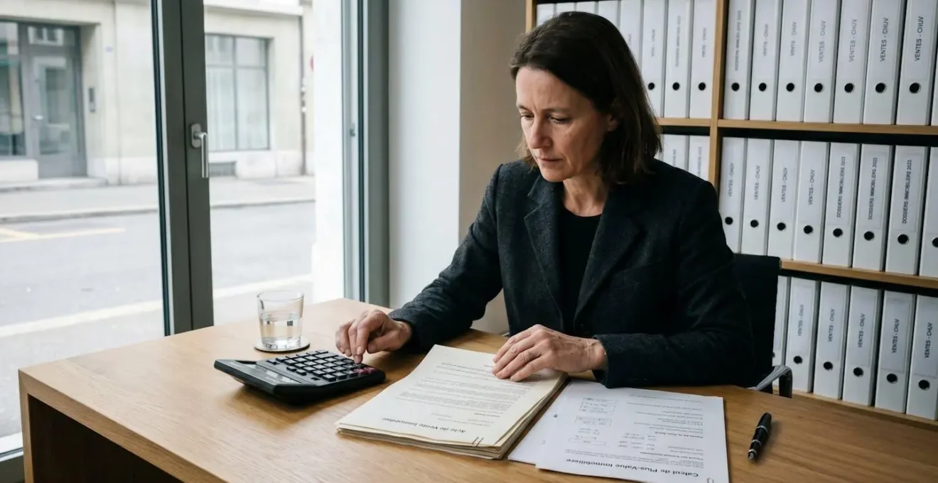Bureau de notaire avec documents d'achat immobilier et calculatrice pour calculs fiscaux