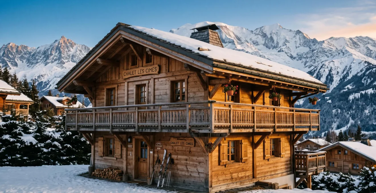 Chalet alpin en bois traditionnel avec balcon sculpté, façade orientée vers massif montagneux enneigé en station de Haute-Savoie, lumière naturelle de fin d'après-midi hivernal
