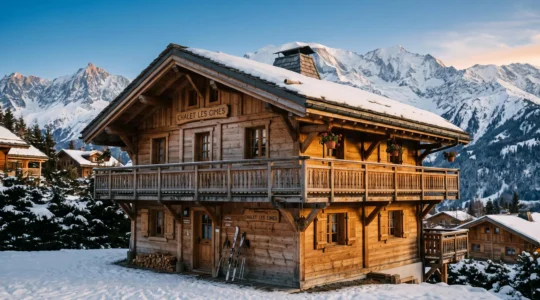 Chalet alpin en bois traditionnel avec balcon sculpté, façade orientée vers massif montagneux enneigé en station de Haute-Savoie, lumière naturelle de fin d'après-midi hivernal