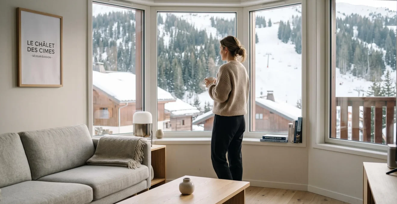 Intérieur salon appartement résidence montagne, grande baie vitrée avec vue sur pistes enneigées, personne debout tenant une tasse face à la fenêtre, mobilier contemporain soigné