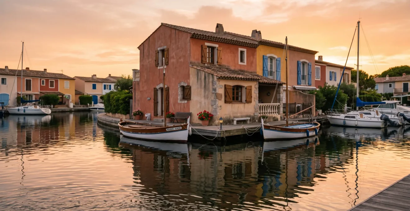 Maison de pêcheur colorée à Port Grimaud avec amarrage privé et ponton, vue depuis le canal au coucher de soleil