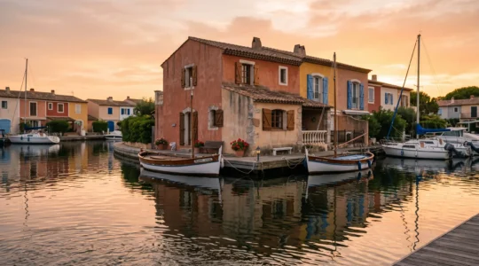 Maison de pêcheur colorée à Port Grimaud avec amarrage privé et ponton, vue depuis le canal au coucher de soleil