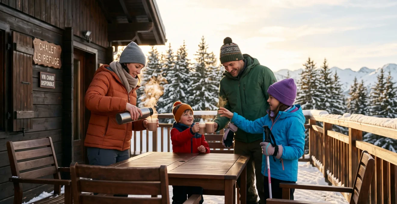 Terrasse bois chalet montagne avec famille de quatre personnes debout en interaction, adulte versant boisson chaude, enfants équipés vêtements ski, neige au sol et façade bois en arrière-plan