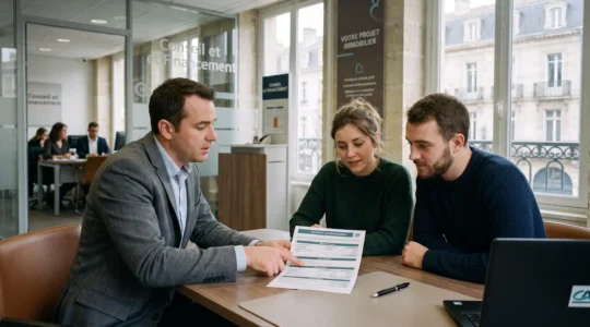 Un conseiller bancaire explique une simulation de prêt immobilier à un couple assis à un bureau d'accueil dans une agence bancaire française.
