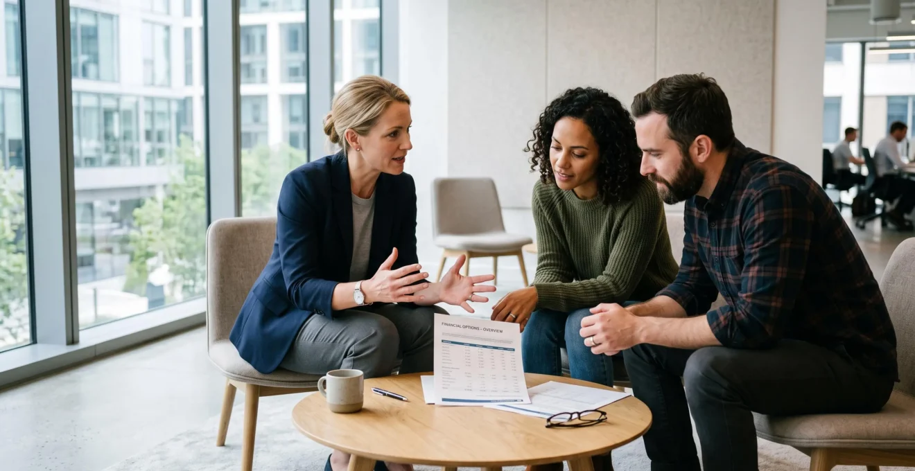 Conseillère bancaire en discussion avec un couple autour d'une table basse dans un espace de conseil moderne