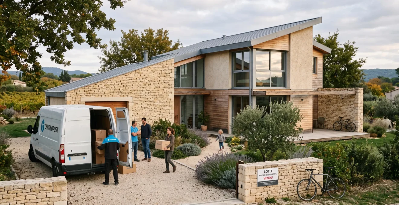 Maison individuelle française contemporaine avec panneau À Vendre dans le jardin