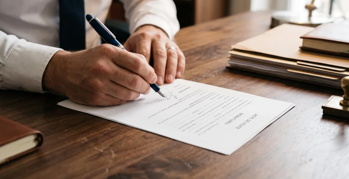 Main signant un document immobilier officiel avec un stylo sur un bureau de notaire