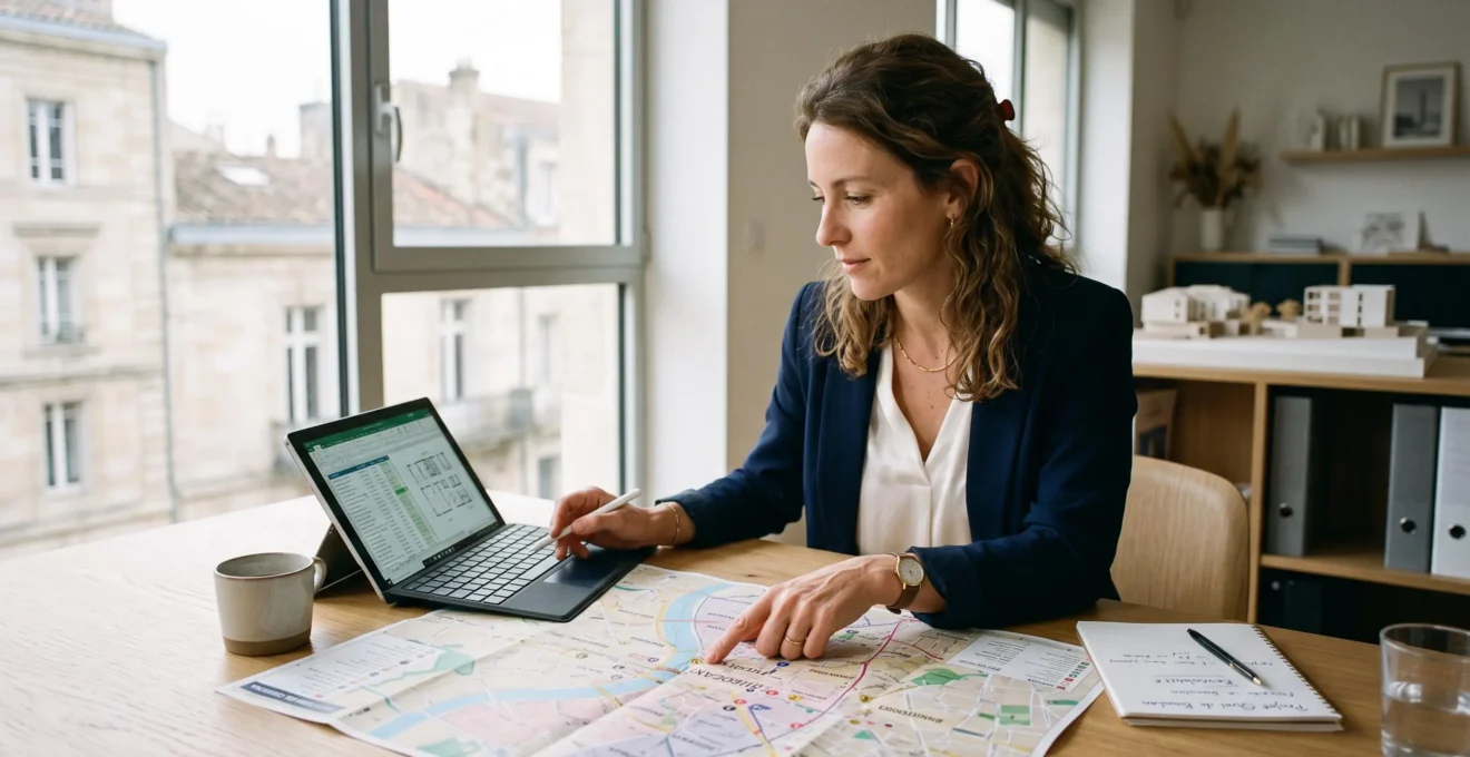 Conseiller immobilier analysant une carte de Bordeaux dans un bureau moderne.