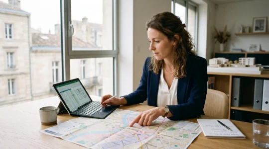 Conseiller immobilier analysant une carte de Bordeaux dans un bureau moderne.