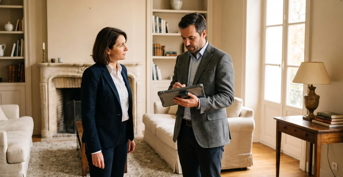 Évaluateur et propriétaire discutant de l'estimation d'une maison bordelaise.