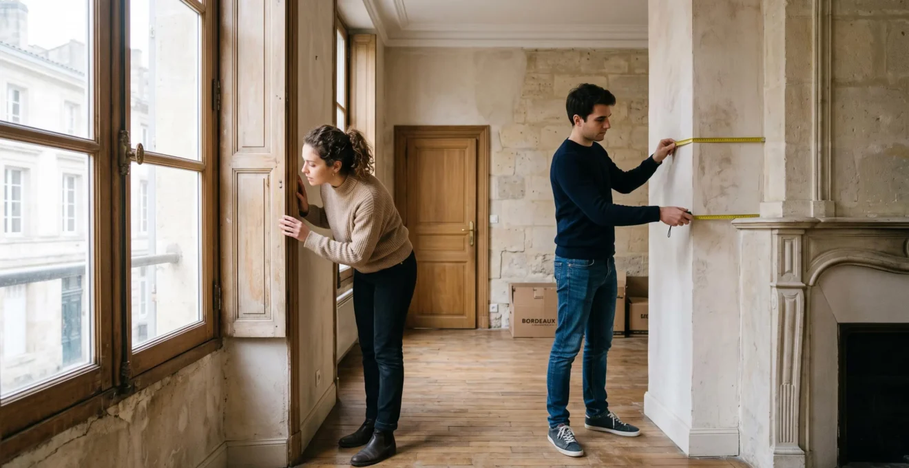Couple inspectant une propriété avec une mesure dans un appartement bordelais.