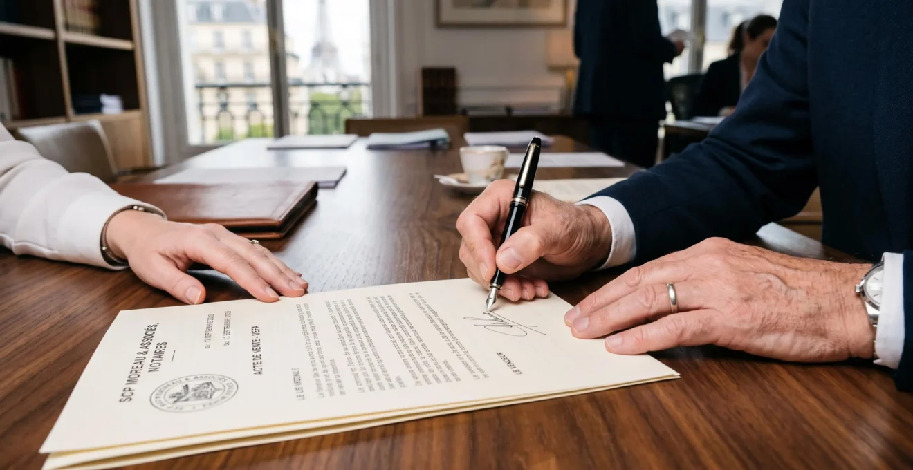 Deux mains signant un contrat immobilier dans un cadre professionnel sécurisé.
